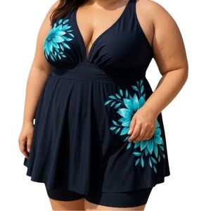Hanna Nikole 28W Plus Swim Top & Shorts Set Black Turquoise Floral Modest NWOT
